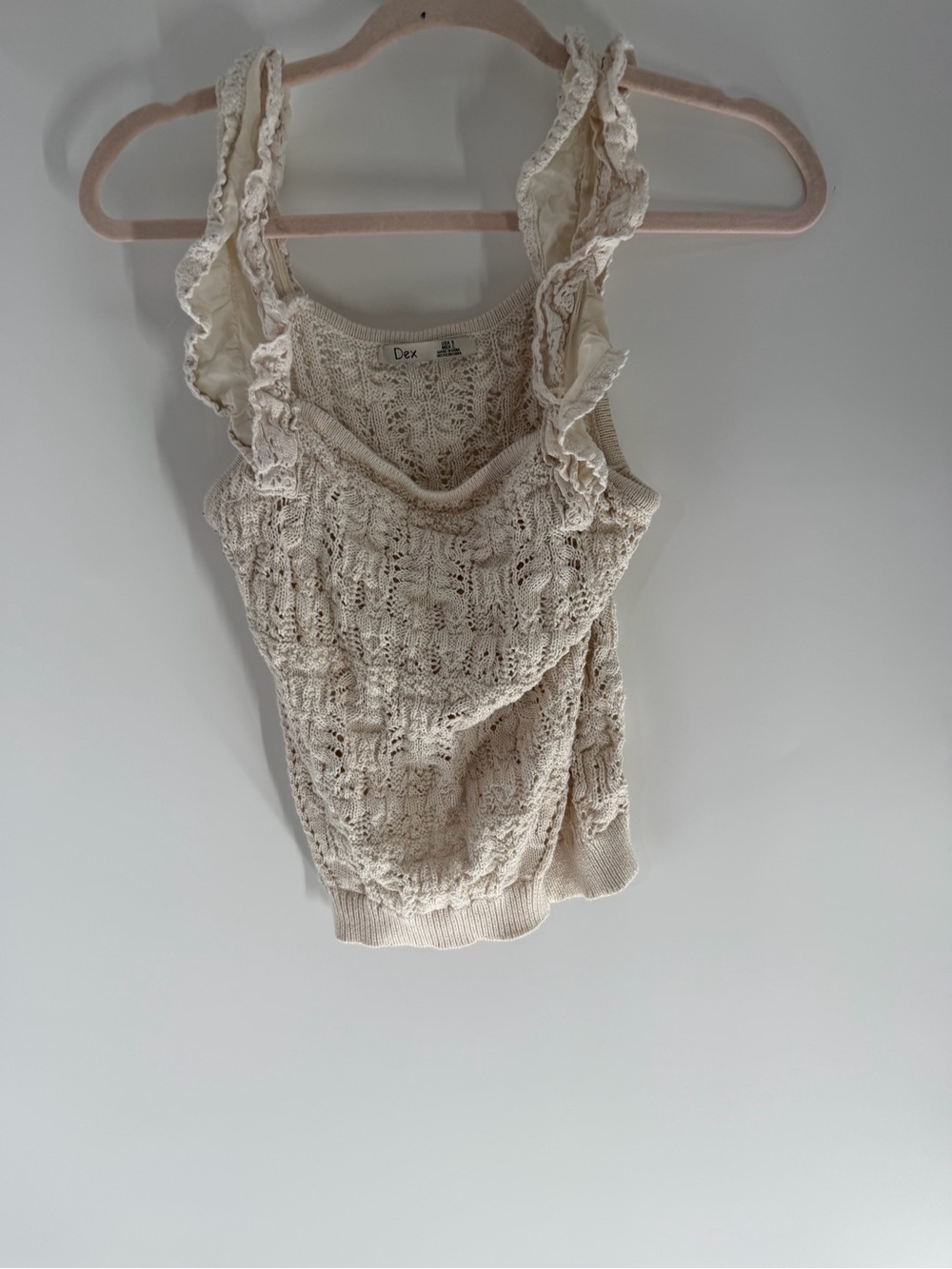 Dex Cream Crochet Ruffle-Trim Tank